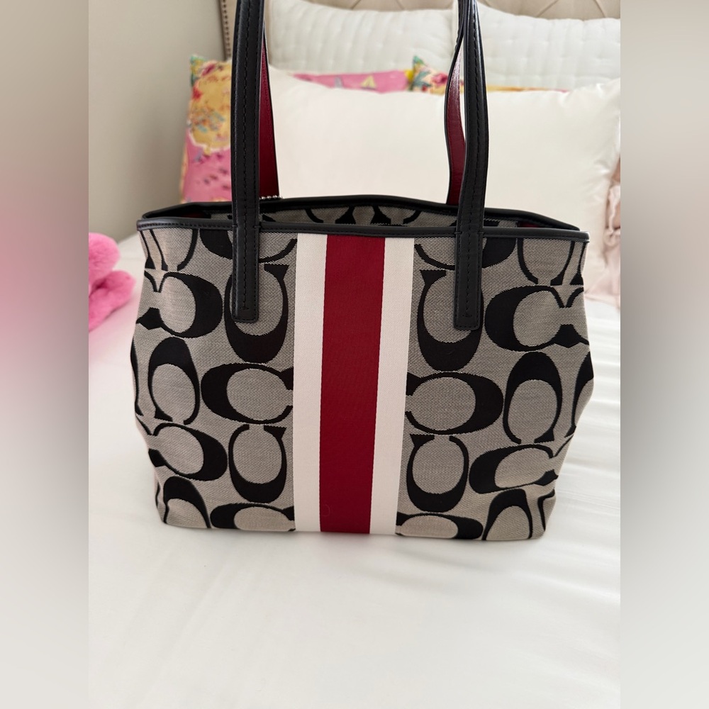 Coach Black & Ivory Signature Tote with Red Center Stripe - Picture 2 of 5